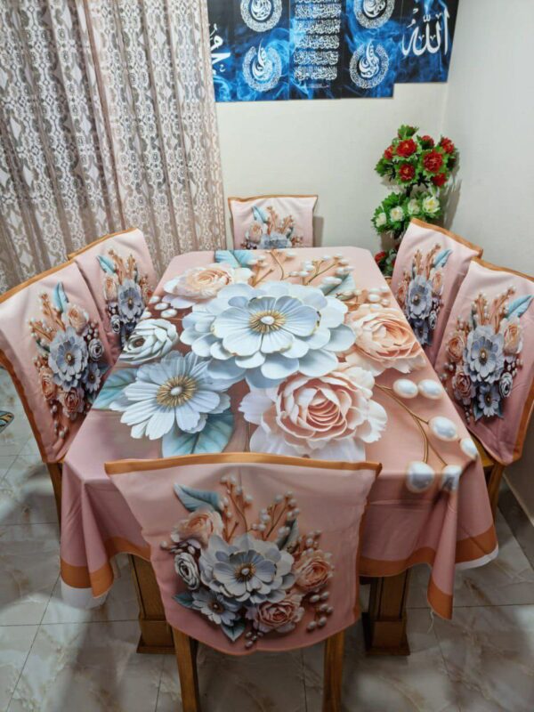 Enchanting Peach Blossom 3D Floral Korean Velvet Tablecloth with Chair Covers