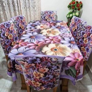 Vibrant Violet & Earth Tone 3D Floral Korean Velvet Tablecloth with Chair Covers