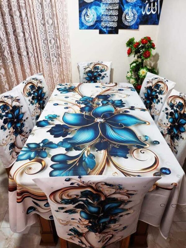 Majestic Blue Bloom 3D Floral Korean Velvet Tablecloth with Chair Covers