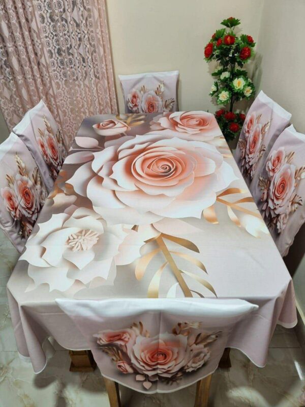 Opulent Rose & Gold 3D Floral Korean Velvet Tablecloth with Chair Covers