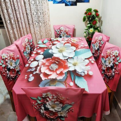 Crimson & Cream Peony 3D Floral Korean Velvet Tablecloth with Chair Covers