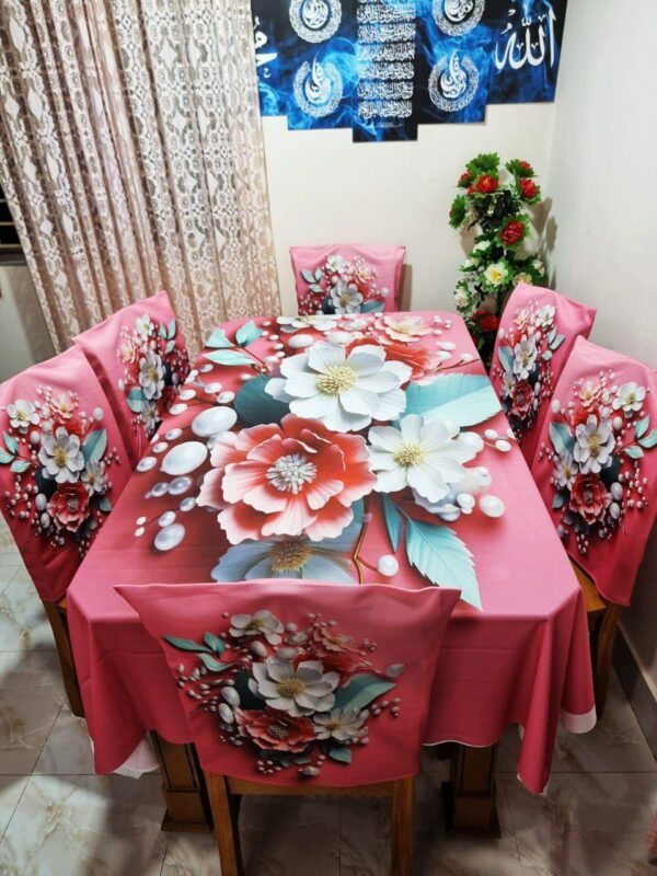 Crimson & Cream Peony 3D Floral Korean Velvet Tablecloth with Chair Covers