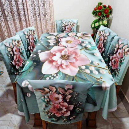 Tranquil Teal & Rose 3D Floral Korean Velvet Tablecloth with Chair Covers