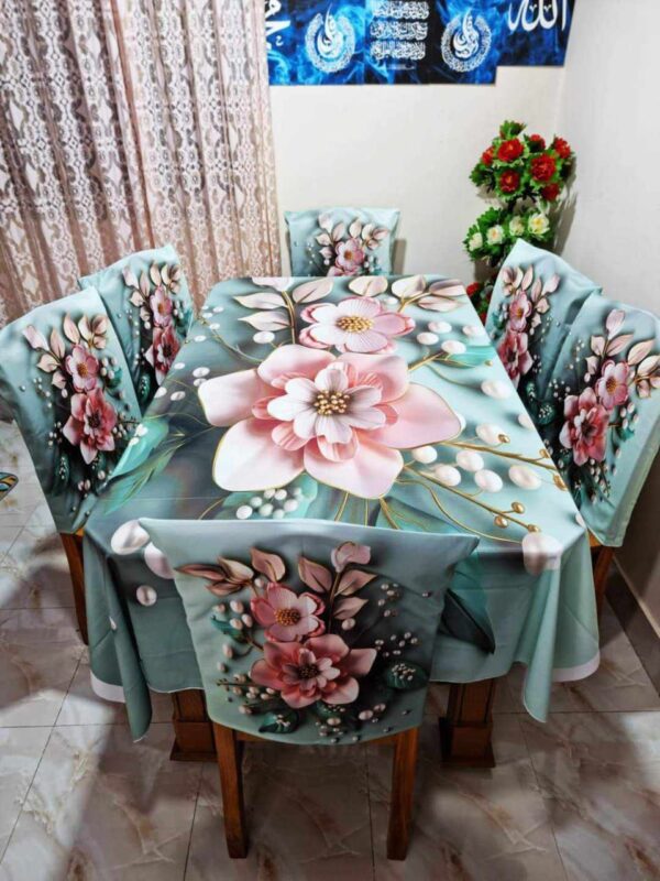 Tranquil Teal & Rose 3D Floral Korean Velvet Tablecloth with Chair Covers