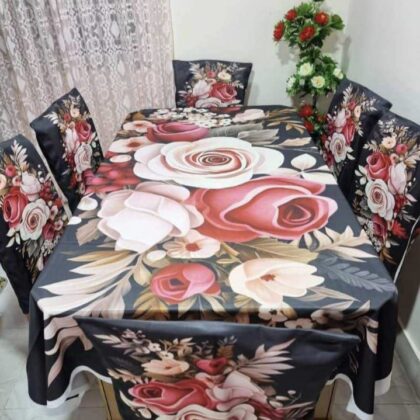 Midnight Bloom 3D Floral Korean Velvet Tablecloth with Chair Covers