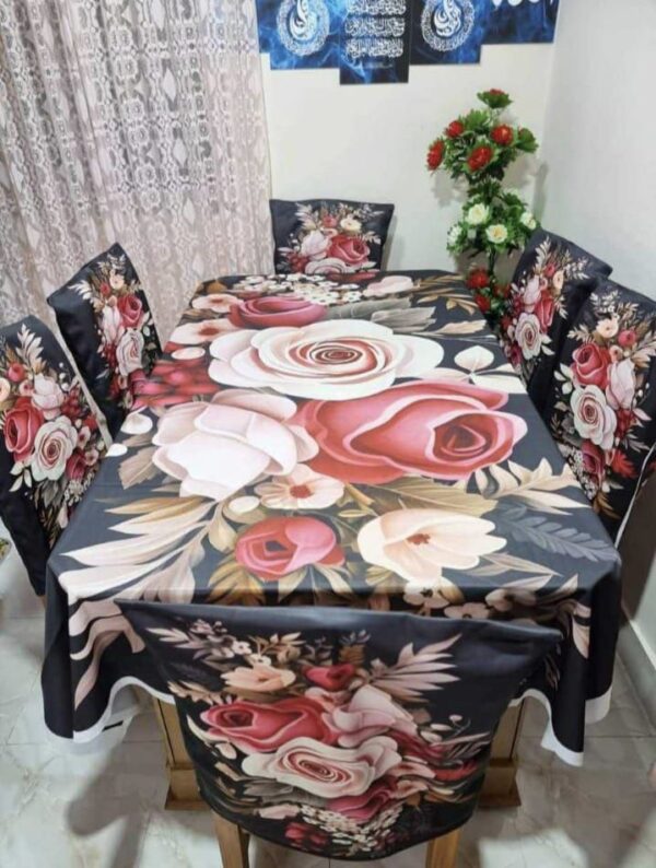 Midnight Bloom 3D Floral Korean Velvet Tablecloth with Chair Covers