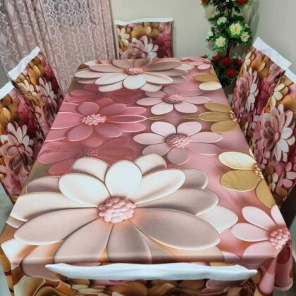 Crimson Rose & Pearl 3D Floral Korean Velvet Tablecloth with Chair Covers