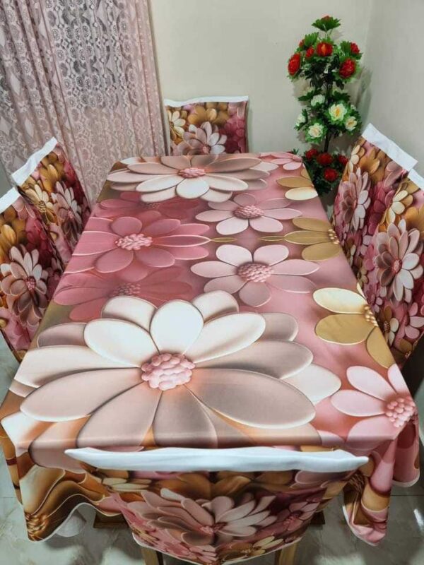 Crimson Rose & Pearl 3D Floral Korean Velvet Tablecloth with Chair Covers