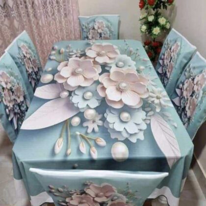 Tranquil Blue & Rose 3D Floral Korean Velvet Tablecloth with Chair Covers