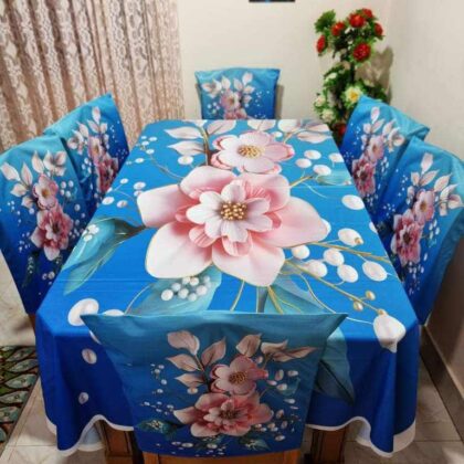 Azure Serenity 3D Floral Korean Velvet Tablecloth with Chair Covers