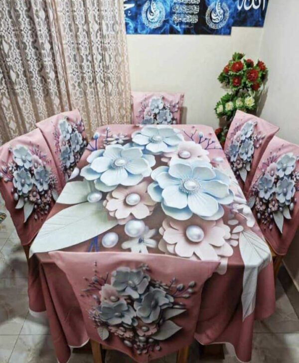 Elegant Rose Gold 3D Floral Korean Velvet Tablecloth with Chair Covers