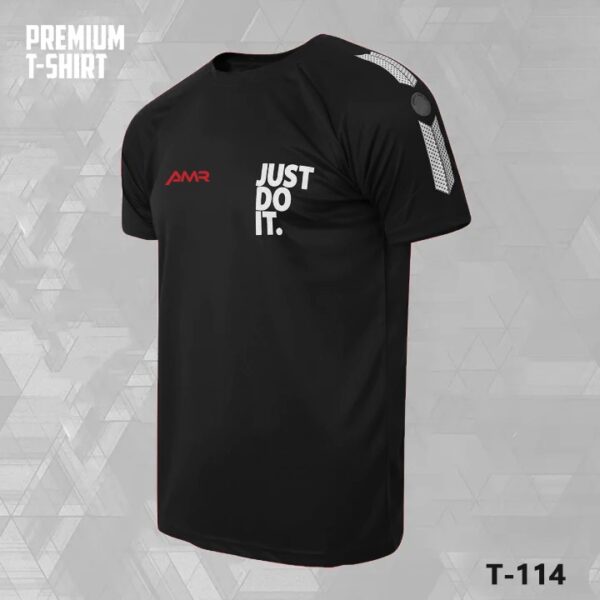 Black stitched men’s mesh T-shirt with Just Do It print and white shoulder details – T-114.