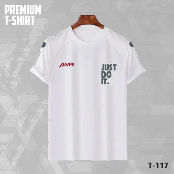 White Just Do It premium mesh T-shirt for men with red and black chest branding – T-117.