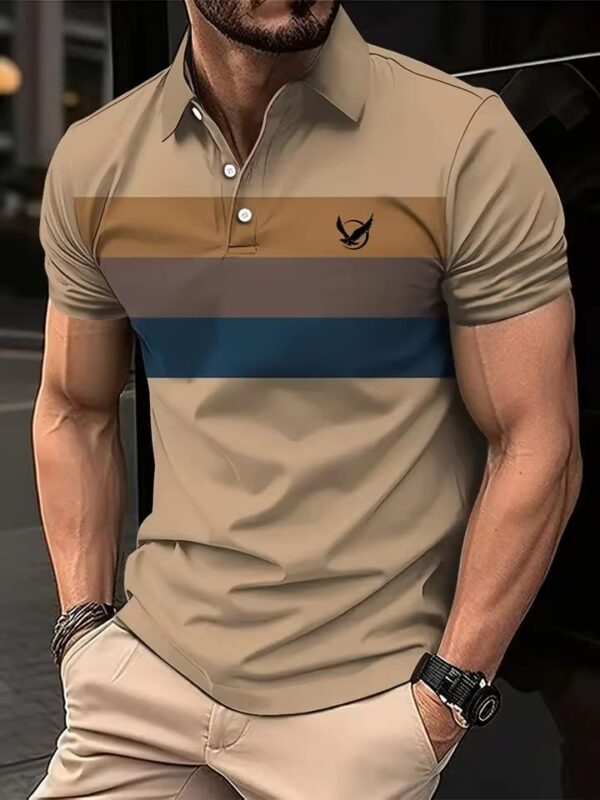 Beige, brown, and navy striped half sleeve polo shirt for men in cotton fabric