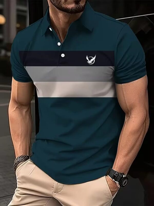 Navy blue and grey striped men's polo shirt made from export quality cotton