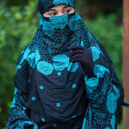 Deep Teal Floral Soft Linen Jilbab